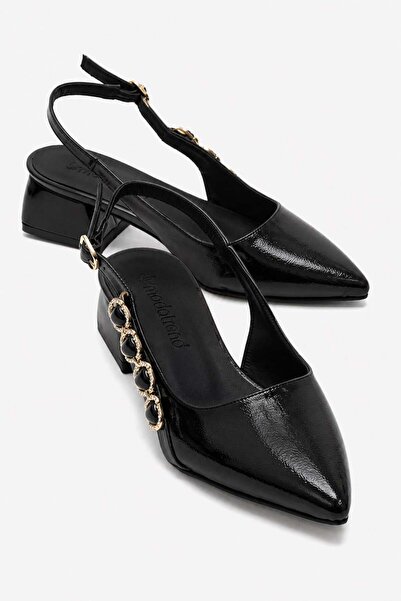CCWAY AYAKKABI Side Stone Buckle Open Back Heeled Shoes Black Crinkled