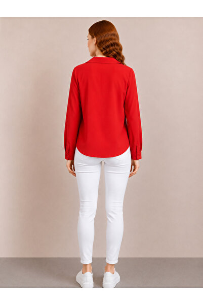 Neden Tekstil Women's Red Classic Collar Buttoned Long Sleeve Shirt