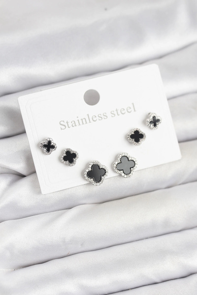 ARMÜZ 316L Steel Silver Color Zircon Stone Clover Model Women's Earring Set