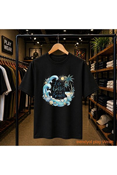 playwear Life Is Printed 100% Cotton Oversize Loose Regular Fit Crew Neck T-S...
