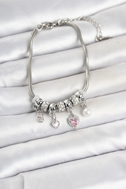 ARMÜZ Brass Silver Color Heart Detailed Charm Women's Bracelet