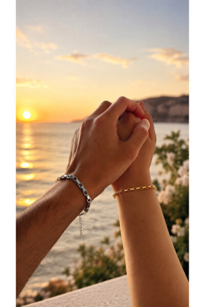 Adata Jewelry Çelik 2li Kare Çift Kombin Bilekliği Kadın / Erkek Gold Gümüş Renk
