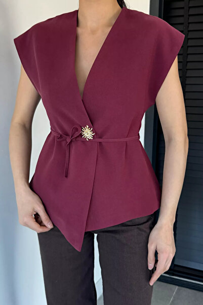Aryena Burgundy Women's Waist-Tied Gold Buttoned Vest