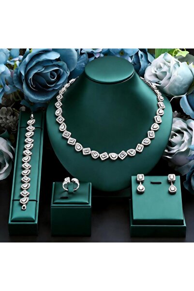 jewerlystore Luxury Full Halo Baguette & Teardrop CZ 4-Piece Bridal Jewelry S...