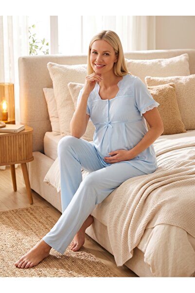 Lohusa Homewear New Season Blue Summer Breastfeeding Feature Scallop Linen De...