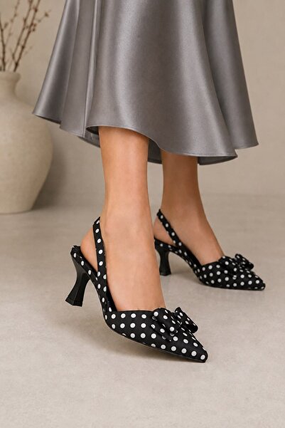 Ayakkabı Consept Women's Polka Dot Heeled Shoes with Bow Detail and Pointed T...
