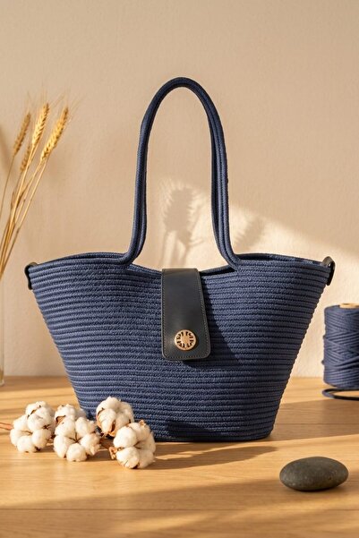 I Love Shoes Marosia Navy Blue Rope Women's Beach Bag
