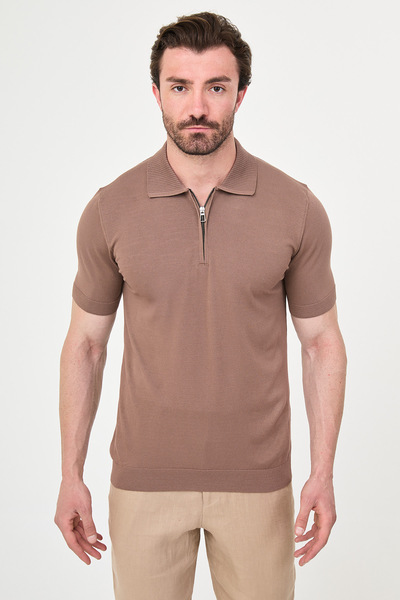 Mcr Plain Slim Fit Zippered Polo Collar Men's Knitwear T-Shirt Milk Coffee - ...