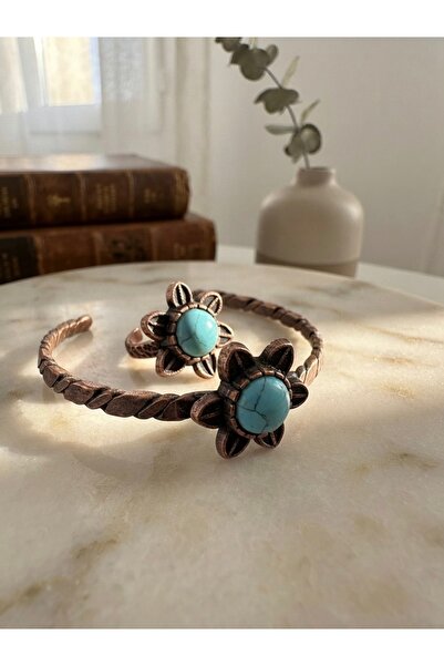 Meneva Aksesuar Turquoise Natural Stone Authentic Flower Motif Twisted Detail...