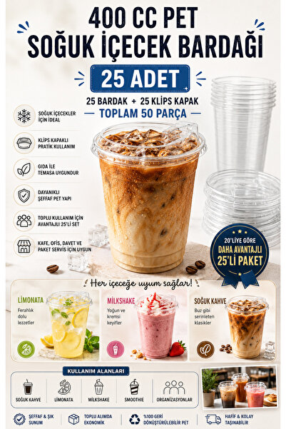Owersea 400 cc Plastik Pet Soğuk Kahve Limonata Milkshake Bardağı 25 Adet Kli...