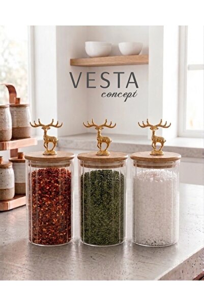 VESTA Concept Bamboo Leak-Proof Glass Spice Jar with Deer Lid, 3-Piece Storag...