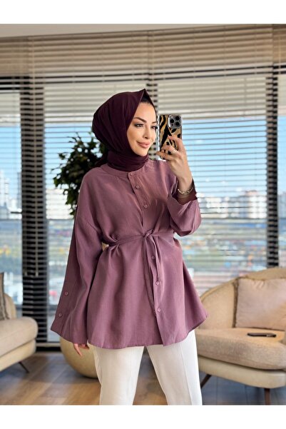 ALANURMODA 7515 تونيك برقبة دائرية وأزرار أمامية باللون الوردي