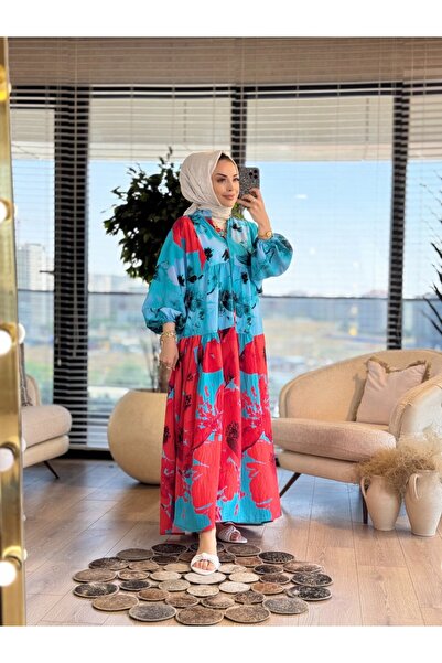 ASHILDA 24EL509 فستان بلونين وياقة على شكل حرف V باللون الفيروزي