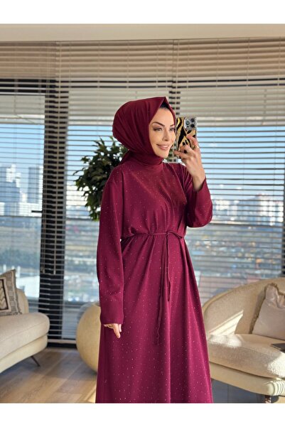 ALANURMODA 25196 Stone Detailed Knitwear Dress Claret Red