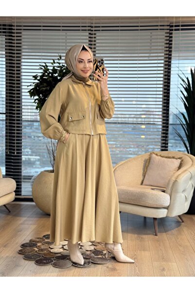 ALANURMODA 14436 طقم تنورة مع جيب أمامي وسحاب باللون الأخضر الزيتي
