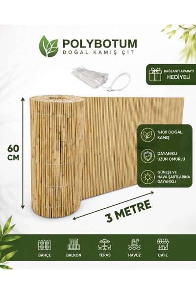 POLYBOTUM Premium Doğal Kamış Hasır Balkon Çiti 60x300 cm | Sık Dokuma | Daya...