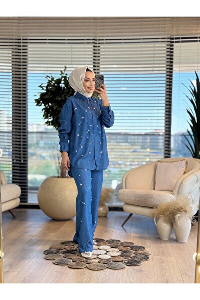 MİA NOURA 2018 قميص تنسيل مطرز بالأحجار من الأمام باللون الأزرق