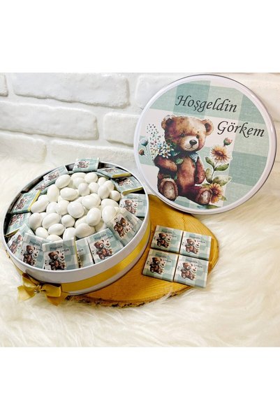 Sweet Story 50 Adet+200 Gr Drajeli Yeşil Çizgili Ayıcık Temalı İsme Özel Hoşg...