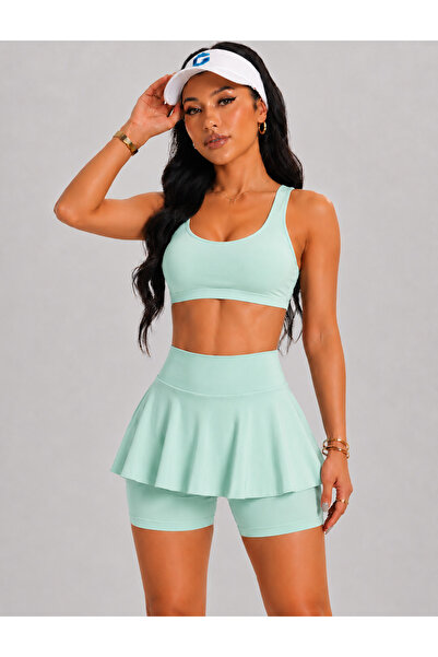 MAROVOAY Women's High Waist Inner Leggings Mini Sport Skirt-Crop 2 Piece Set