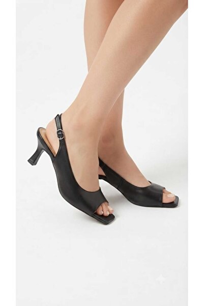 DX AYAKKABI Women's Black Open-Toe Cornered Low-Heeled Shoes