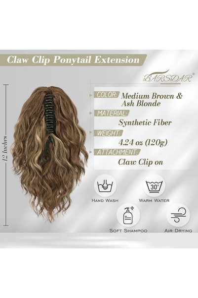 OEM Extensie de păr tip coadă de cal, ondulată, cu clemă tip gheară, 30 cm, brunetă și blondă