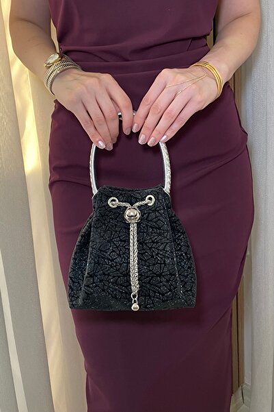 Fibag Women's Black, Stone-Embellished Handle Detailed, Glittery Evening Dres...