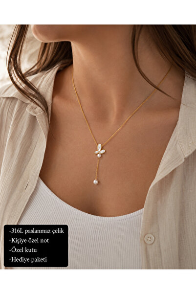 HER ŞEY NOTA www.herseynota.com Avelisse Butterfly Pearl Necklace 316L Stainl...