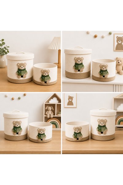 Berçak Home Set of 2 Wicker Baskets with Teddy Bears |   Covered & Open Basket |   Baby Room Organizer