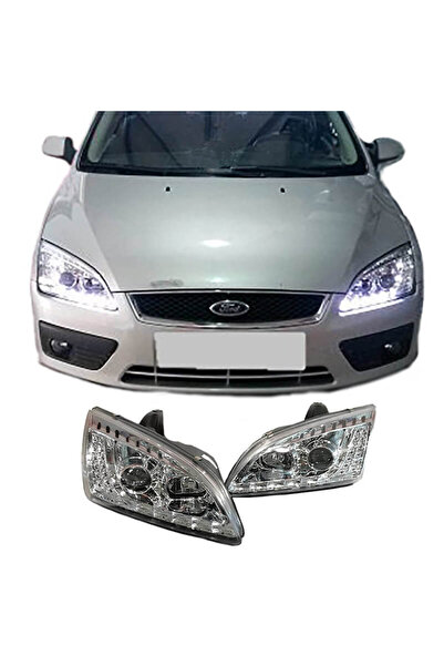 Junyan Σετ Εμπρόσθιων Προβολέων για Ford Focus 04-08 DRL & Χρωμιωμένα Φλας LE...