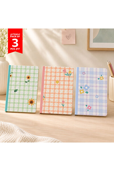 Midi Set of 3 Notebooks with Squares and Flowers Pattern