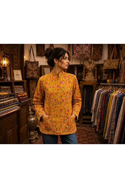 Miss Boheme Mustard Color Bohemian Jacket with Floral Embroidery and Pocket D...