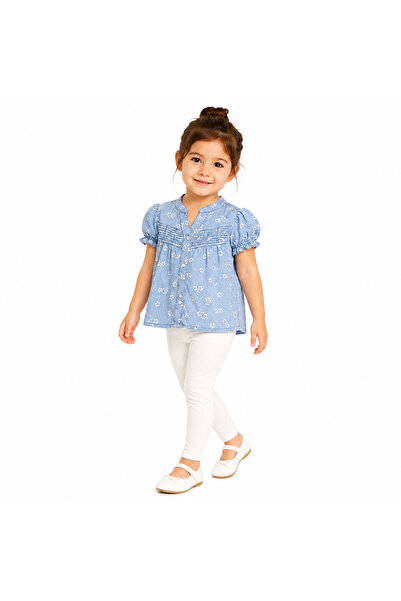 Generic Girls' Blouse Jeans Floral Patterned Puff Sleeve Blouse |   Light Blu...