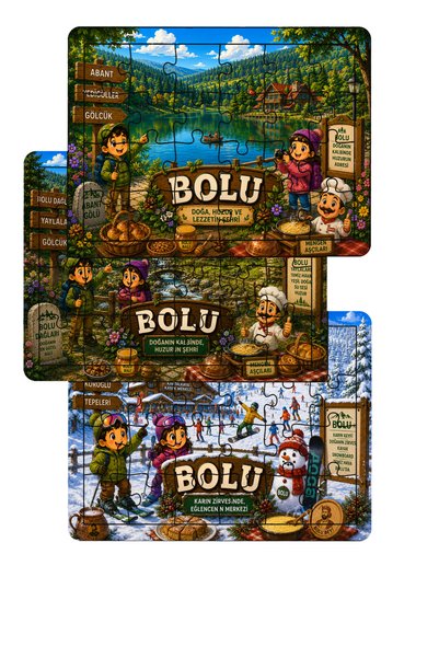 kutuTR Bolu Hatıra Ahşap Puzzle Seti 24 Parça 18x25 cm Eğitici Çocuk Puzzle 3’lü Set