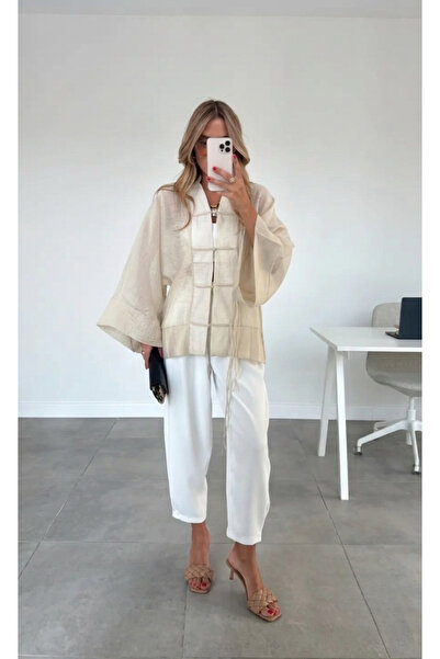 FEMMESTUDIO Women's Ecru Lace-Up Transparent Shirt with Chinese Buttons