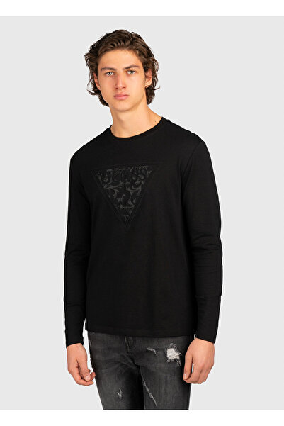 Guess Men's Black Embroidered Logo Long Sleeve T-Shirt