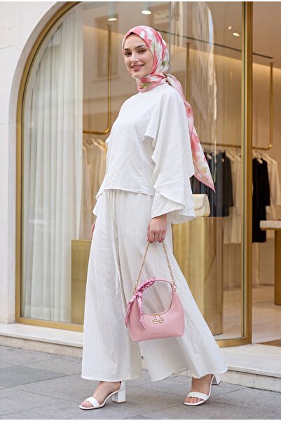 Modamorfo Oversized Linen Suit with Cape Sleeves, Laced Trousers, Lined Strip...