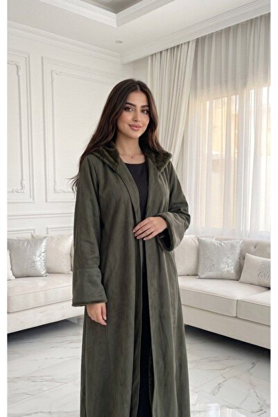 alqarat Layers Long Winter Cardigan - Plush Suede Jacket with Fur Hood
