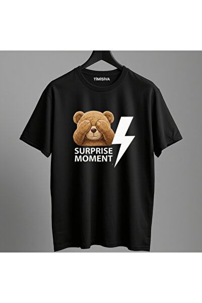 TİMİSİVA Unisex Oversized Printed Crew Neck Short Sleeve Black T-Shirt