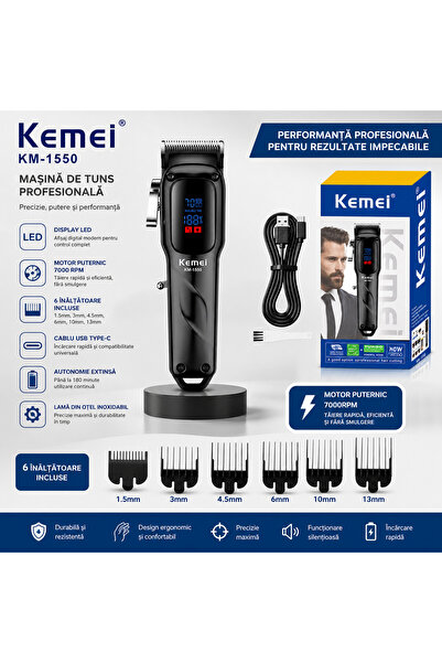 Kemei Masina de tuns profesionala KM-1550, Motor 7000 RPM, Display LED, Acumulator Li-Ion 2000mAh, USB Type-C, 180 minute autonomie