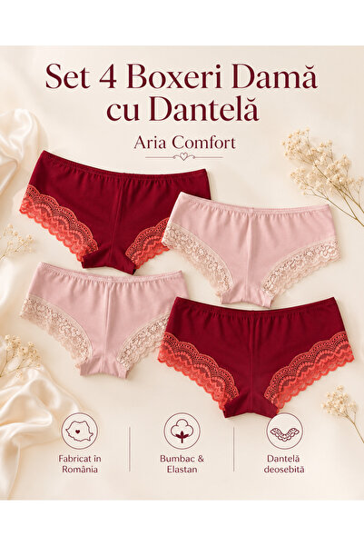 Aria Comfort Set 4 Boxeri Damă cu Dantelă – Bumbac, (Roz & Roș), Fabricați în...