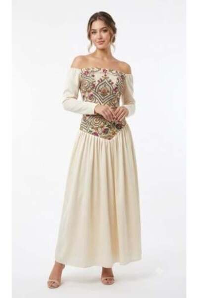 unbranded Women's Ivory Embroidered Off-Shoulder Maxi Evening Dress with Long...
