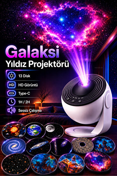 nelerbulurum 13 Diskli HD Galaksi Yıldız Projektörü Gece Lambası, Type-C, Zam...