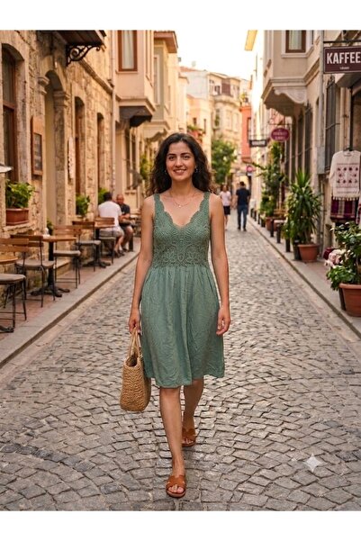AYASOFYA OTANTIK Women's Italian Khaki Strappy Lace Detailed Lined Viscose Mi...