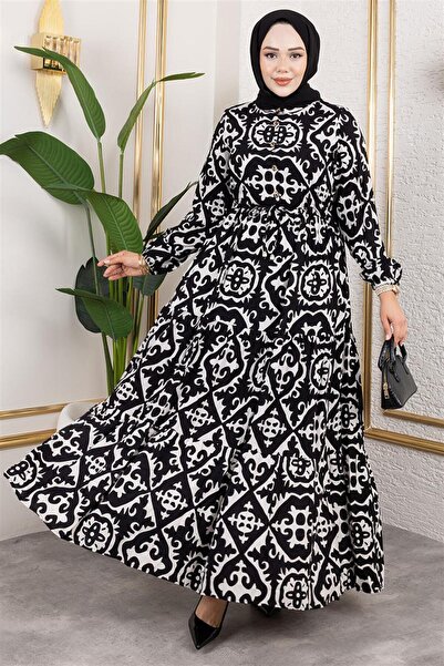 Mestore Ethnic Patterned Viscose Dress Black