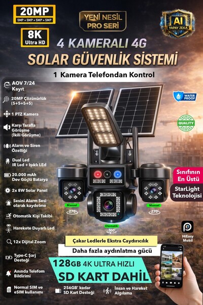 IDS 1 OTOMATİK 4 KAMERA 20MP 8K 4G SOLAR GÜNEŞ ENERJİLİ KAMERA - YÜKSEK IŞIKL...