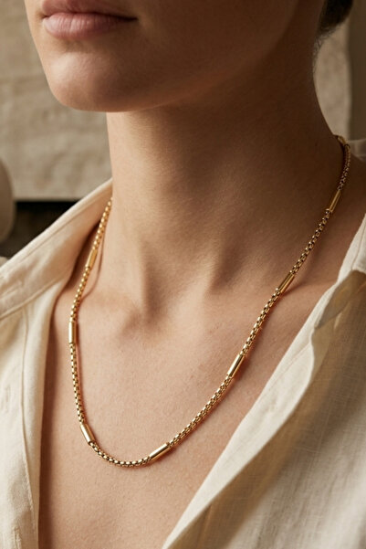 Rua Jewelry Steel Linea Cylinder Detailed Cube Chain Necklace 2 mm Gold Color...