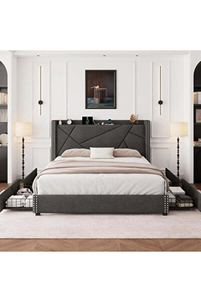 NO BRAND Nexus Wingback Storage Bed Frame - Solid Wood Slats