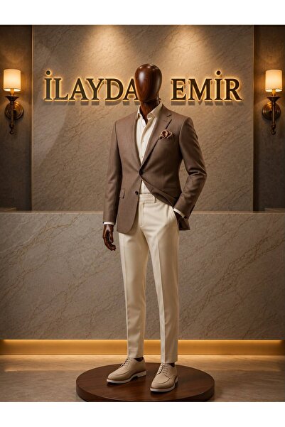 ilayda emir Premium Combination Mink Blazer Jacket Ecru Shirt and Cream Fabri...