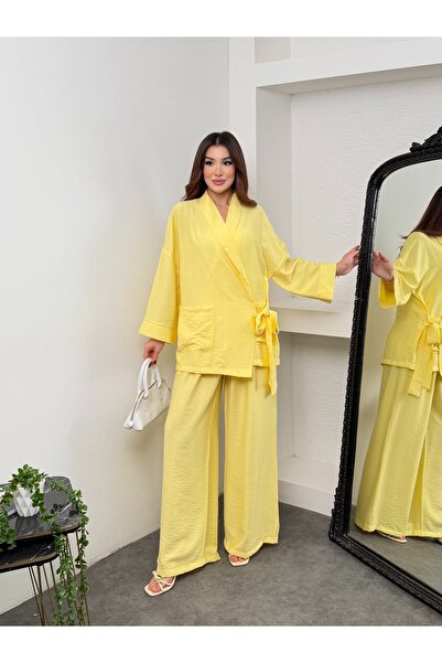 MiraMore Butik Women's Double-Breasted Tie-Waist Wide-Leg Pants Set with Pockets