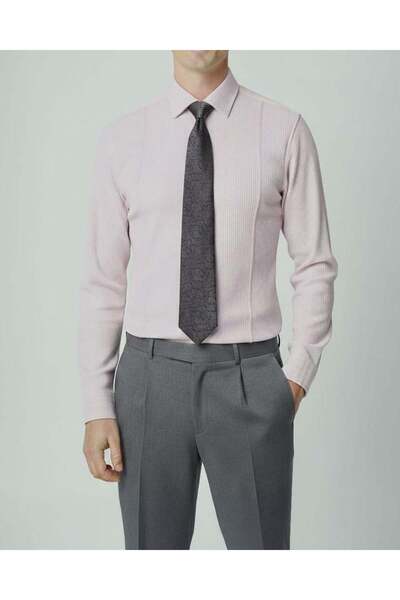 TerziAdemAltun Italian Style Slim Fit Lycra Striped Tie Collar Men's Shirt Lilac T11927